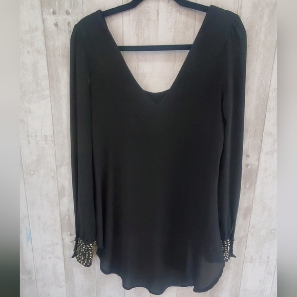 💚5/$25 Very J Black Semi Sheer Blouse Embellished Cuff Long Sleeves Size Small - Picture 5 of 6